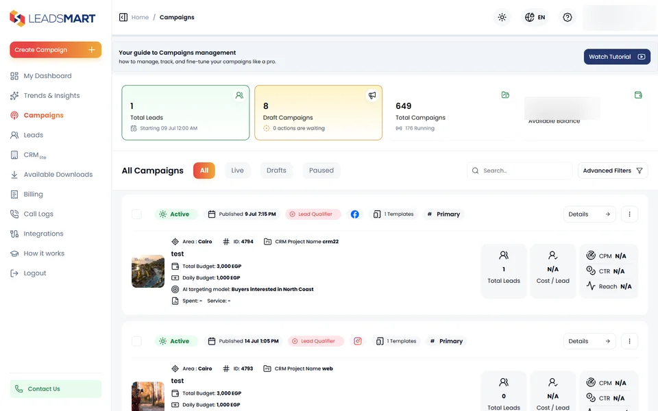 LeadsMart desktop campaign management workspace