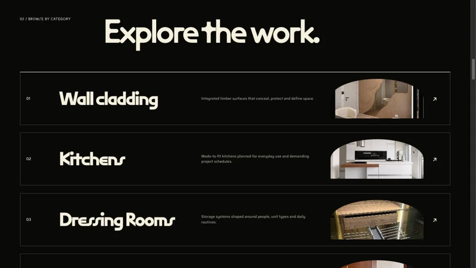 SECTION collections overview showing wall cladding, kitchens, and dressing rooms