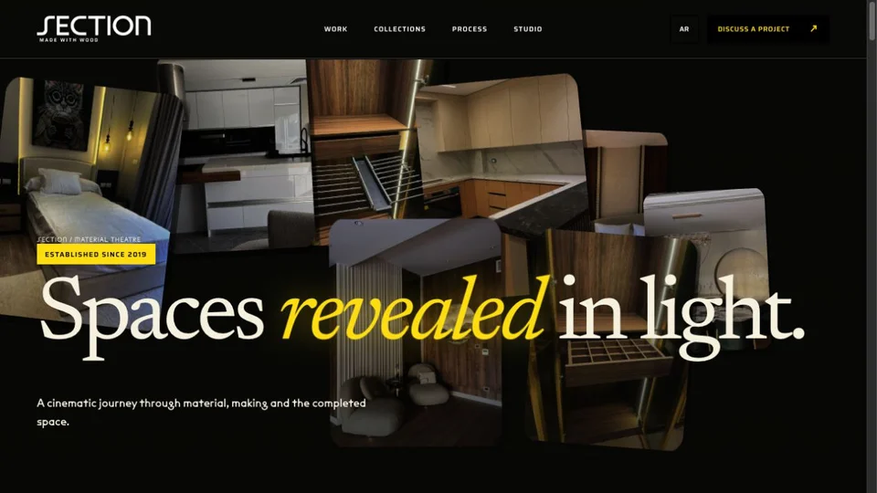SECTION English homepage with a floating photo gallery and the headline Spaces revealed in light